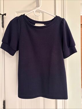 LOFT Navy Short Sleeve Textured Puff sleeve Tee
